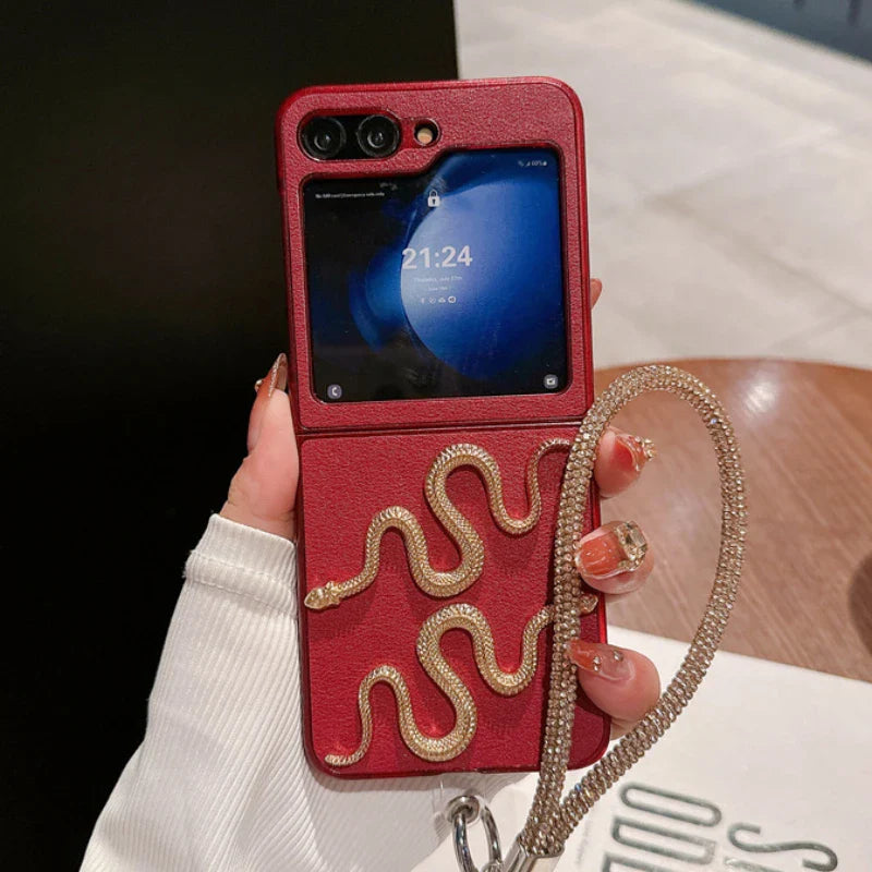 Red Leather Snake Case with Bracelet for Z Flip Series