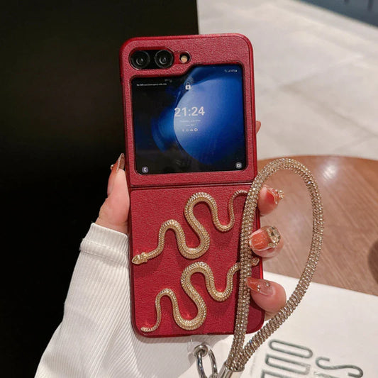 Red Leather Snake Case with Bracelet for Z Flip Series