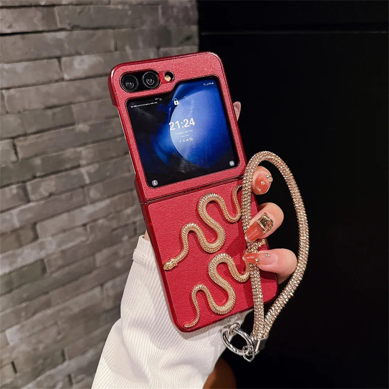 Red Leather Snake Case with Bracelet for Z Flip Series