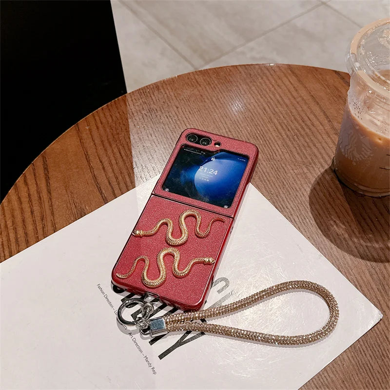 Red Leather Snake Case with Bracelet for Z Flip Series