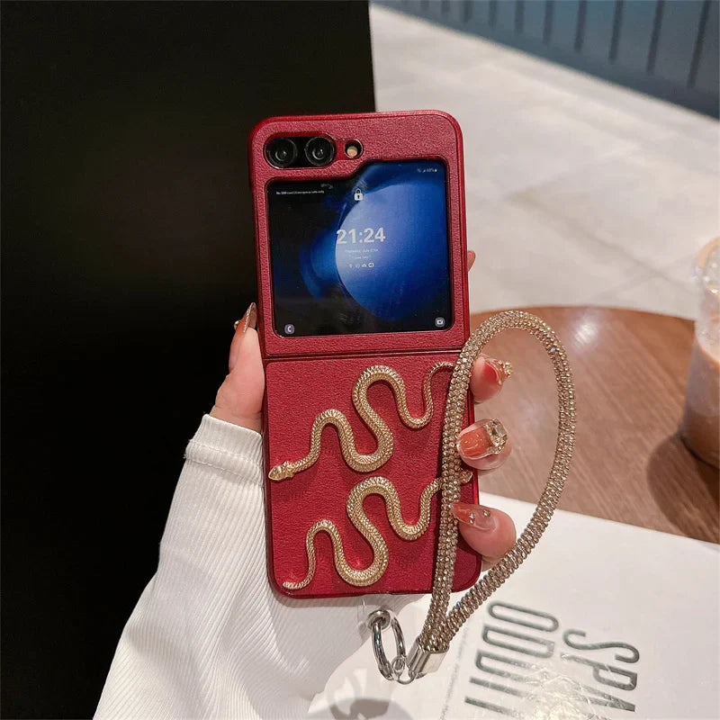 Red Leather Snake Case with Bracelet for Z Flip Series