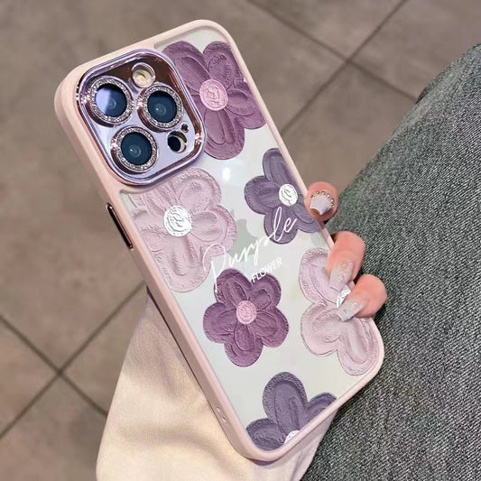 iPhone Purple Oil Painting Flower Protective Case + Shiny Lens Film