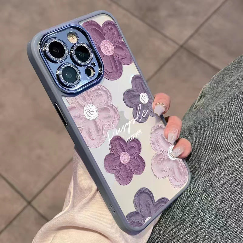 iPhone Purple Oil Painting Flower Protective Case + Shiny Lens Film