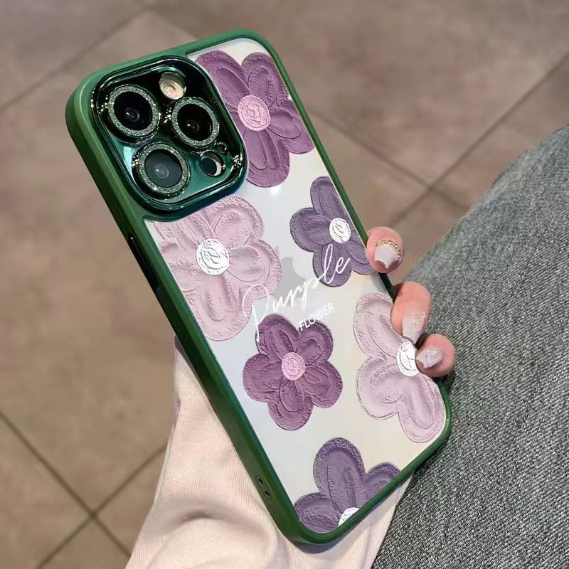 iPhone Purple Oil Painting Flower Protective Case + Shiny Lens Film