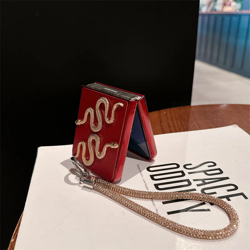 Red Leather Snake Case with Bracelet for Z Flip Series