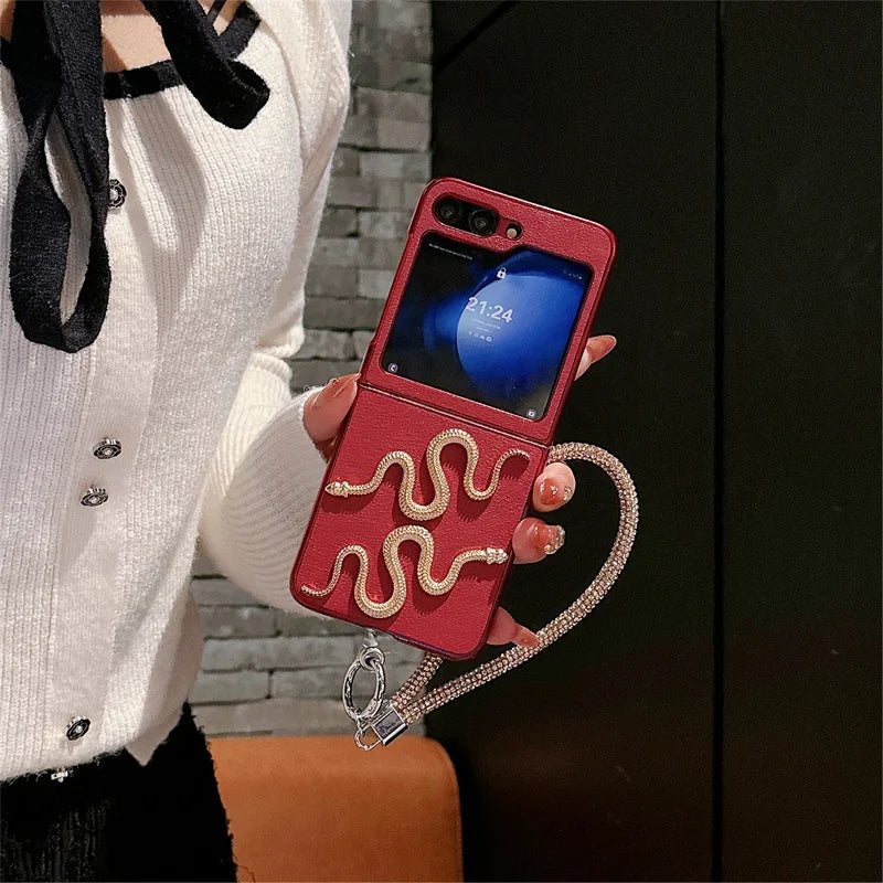 Red Leather Snake Case with Bracelet for Z Flip Series