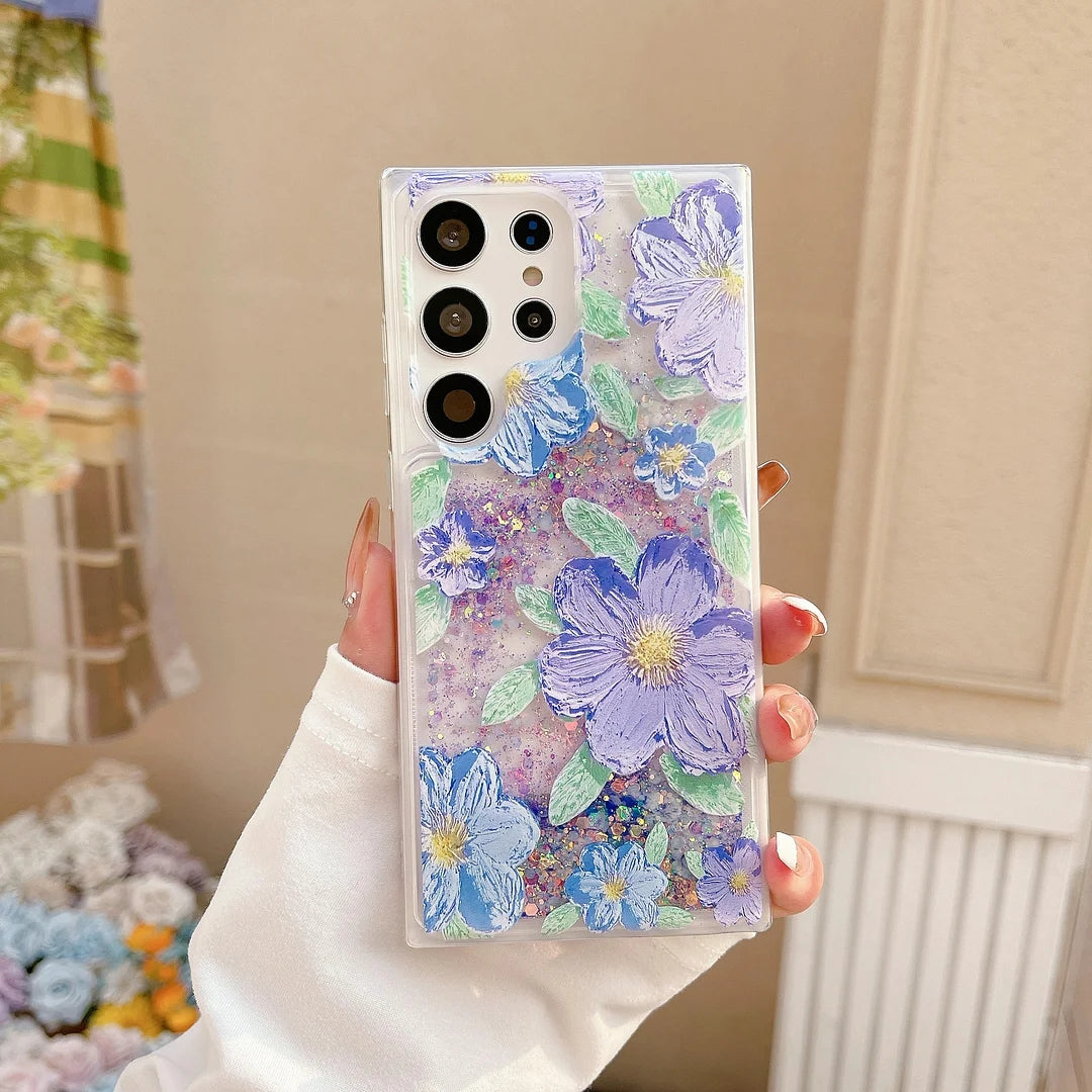 🌈Fluorescent Quicksand Oil Painting Flowers Phone Case For Samsung