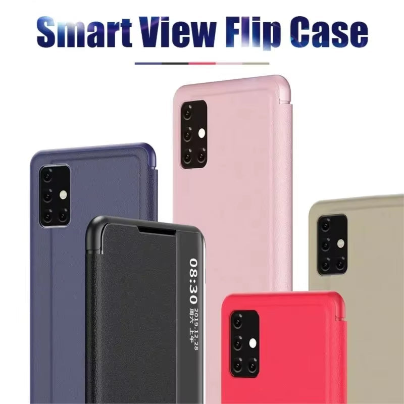 Leather Flip Clear Windows Protective Cover Phone Case For Galaxy