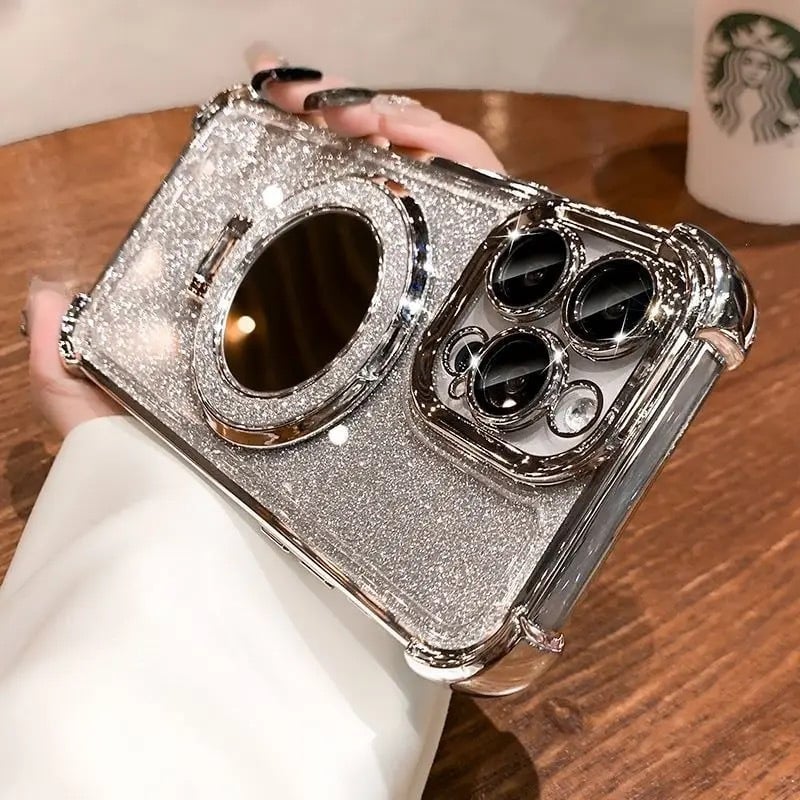 Glitter Mirror Magnetic Holder with Lens Film Four Corners Drop Proof Phone Case for iphone