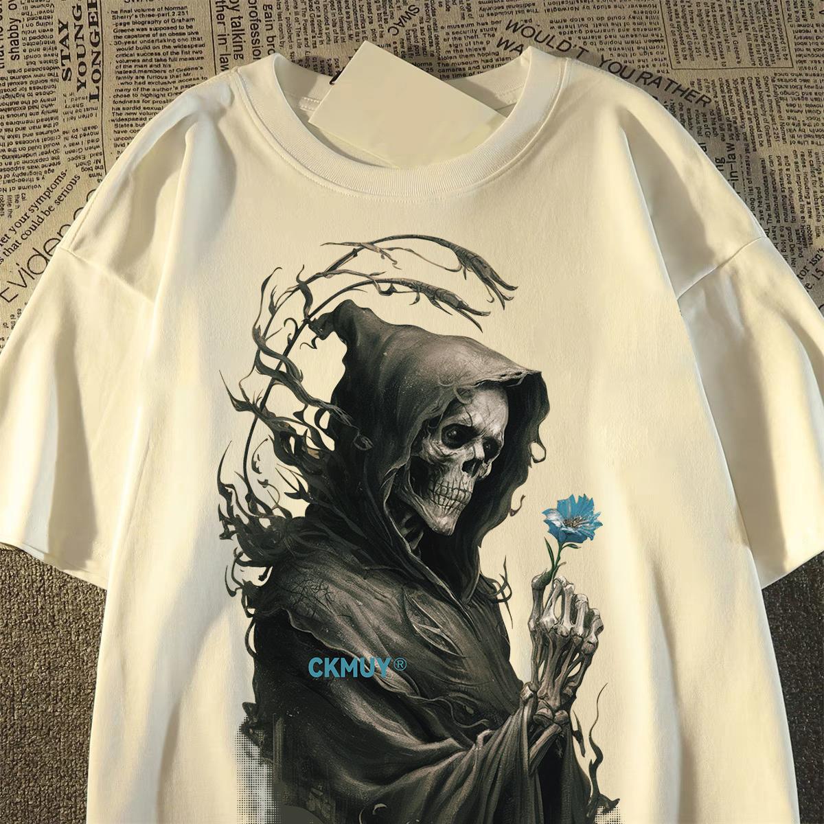 Original brand "Blue Flower Skull" 100% cotton T-shirt