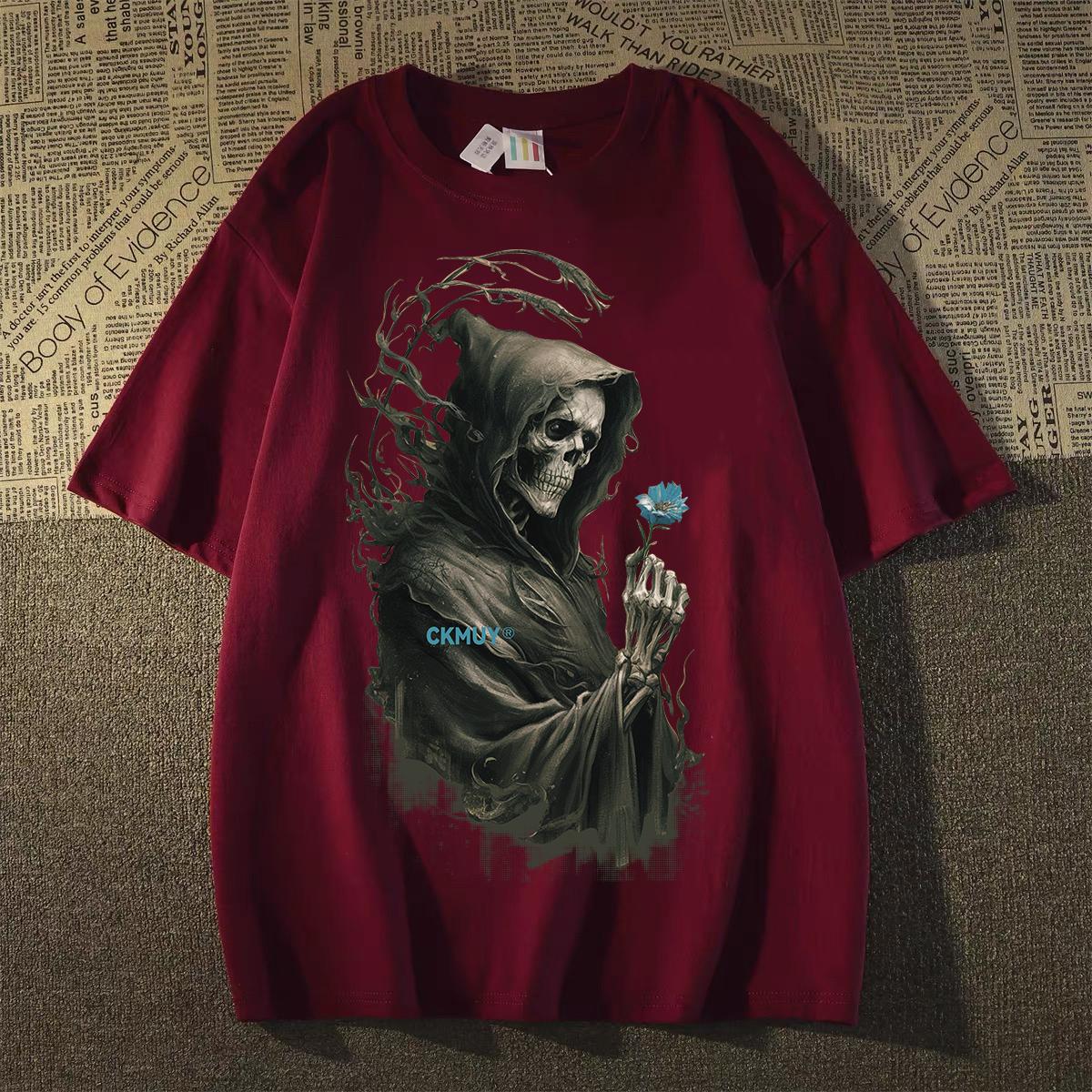 Original brand "Blue Flower Skull" 100% cotton T-shirt