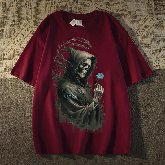 Original brand "Blue Flower Skull" 100% cotton T-shirt