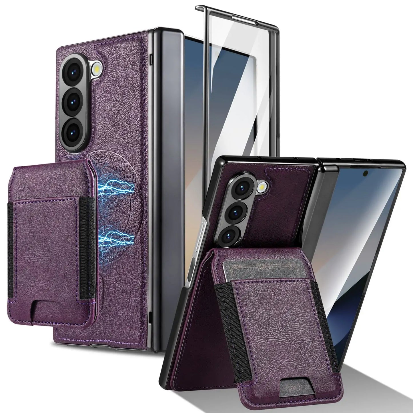 Luxury Leather Magnetic Wallet Case for Galaxy Z Fold7/6/5/4/3 with Hinge Protection and Screen Protector