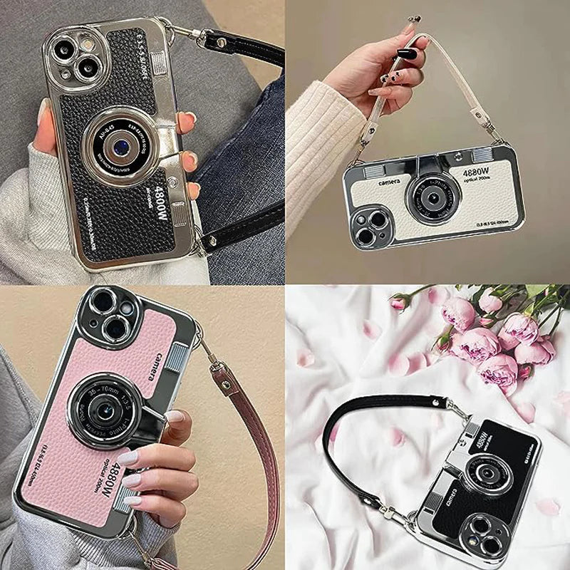 Suitable For IPhone 14 And 15 Series Stereo Retro Camera Phone Case With String