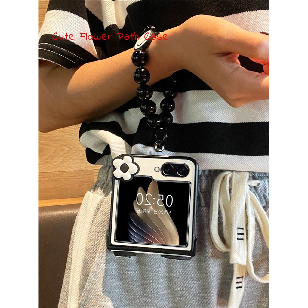Cute Coal Ball Elf Phone Case, Hinge Leather Grain Case with Black Bead Bracelet, Compatible with Galaxy Z Flip 3/Galaxy Z Flip 4/Galaxy Z Flip 5/Galaxy Z Flip 6