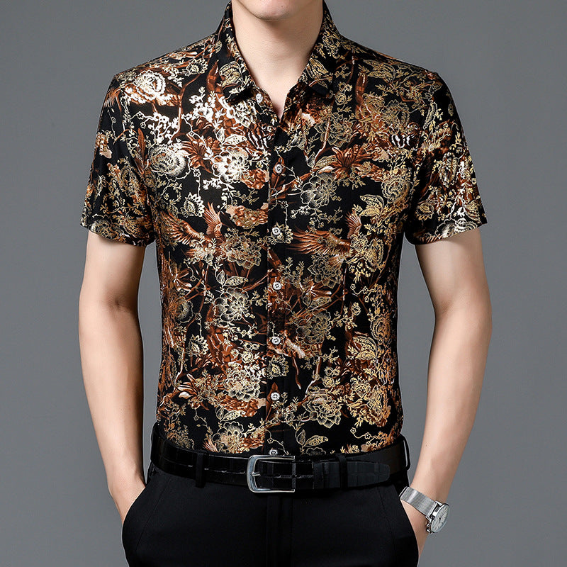 Men's summer loose iron-free casual short-sleeved silk shirt