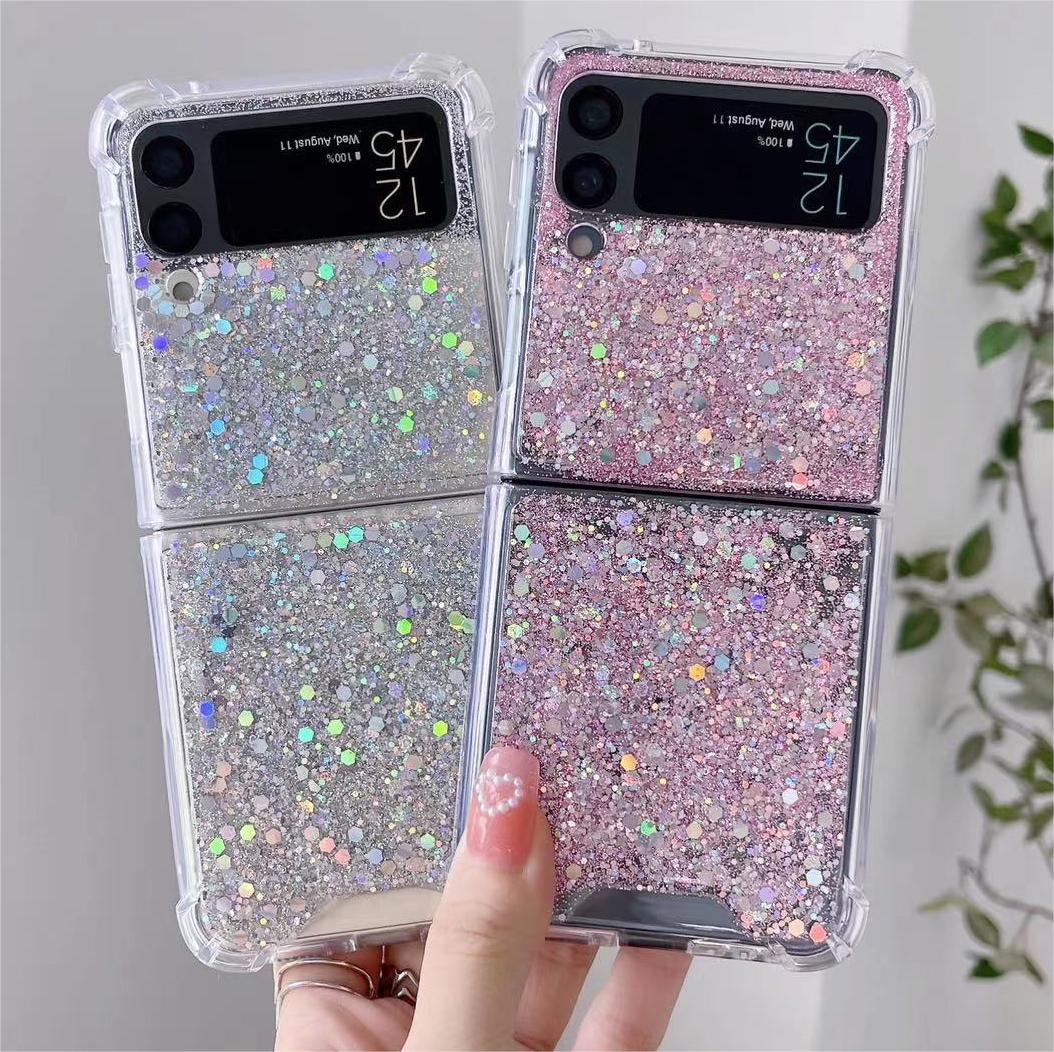 Samsung Galaxy Z Flip 3/4/5/6 Clear Case, Soft Clear Flexible Rubber Glitter Sparkle Case Corners Shockproof Protective Cover