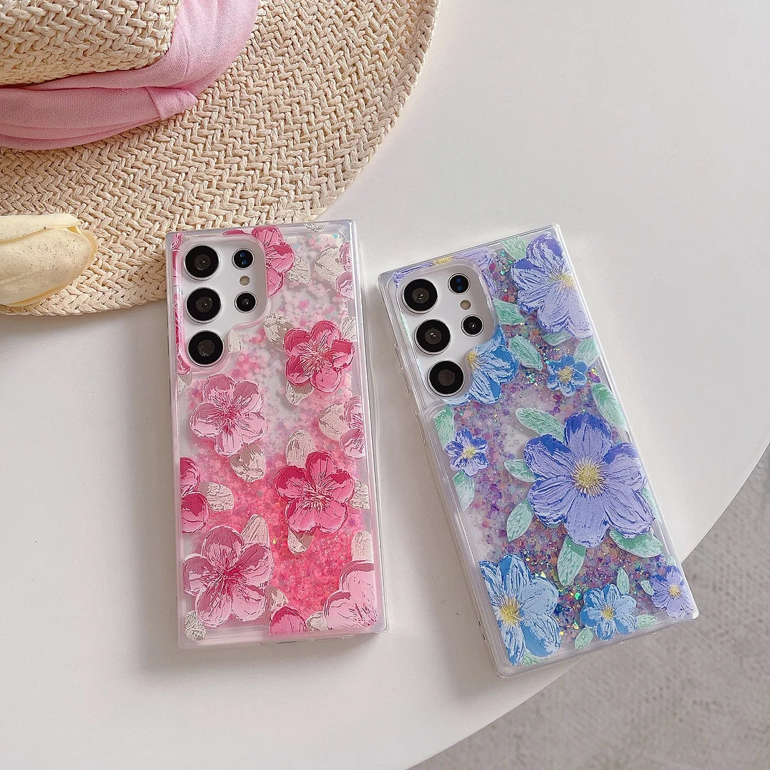 🌈Fluorescent Quicksand Oil Painting Flowers Phone Case For Samsung