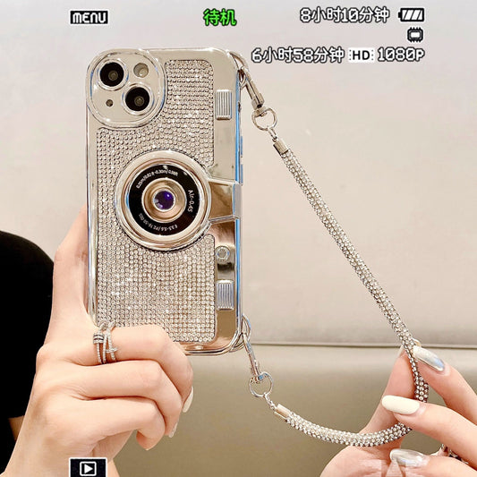 Applicable to iPhone camera diamond mobile phone case Apple 14plus rhinestone high-end wristband bracelet