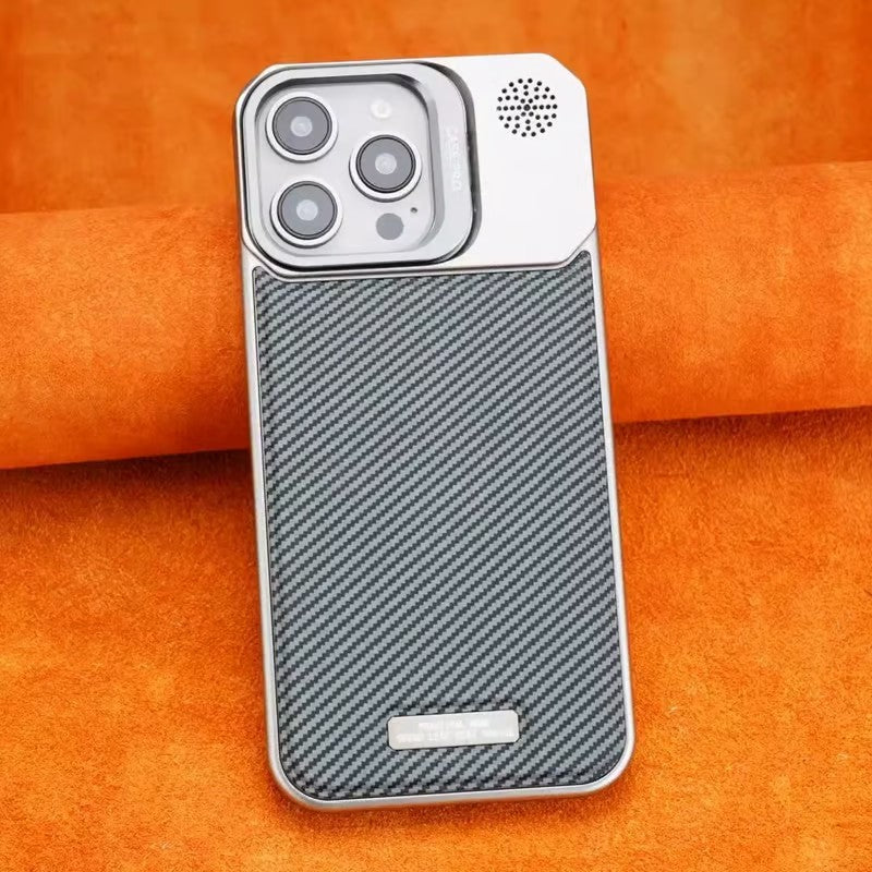 Frameless carbon fiber leather phone case with lens holder for iPhone 16/15/14/13/12 series