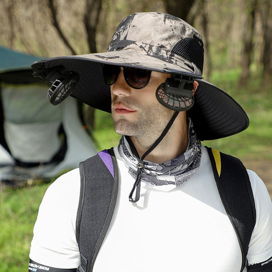 Wide Brim Solar Fan Outdoor Fishing Hat-Solar & USB Charging