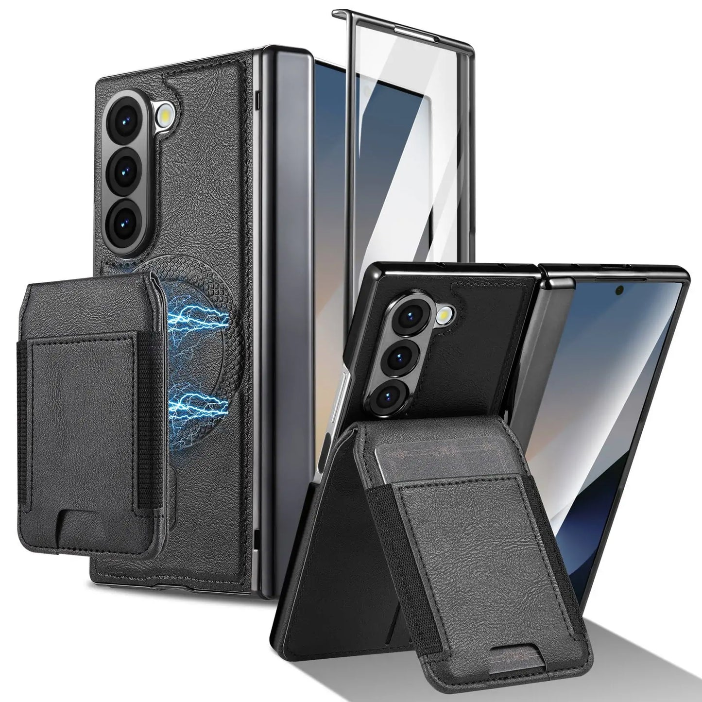 Luxury Leather Magnetic Wallet Case for Galaxy Z Fold7/6/5/4/3 with Hinge Protection and Screen Protector