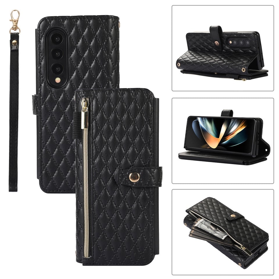 Lanyard Crossbody Rhombic Flip Wallet Case For Samsung Galaxy Z Fold4 Fold3 5G