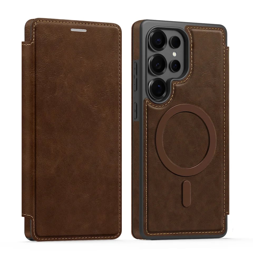 MagSafe Flip Leather Wallet Case for Samsung S25/S24/S23/S22 – RFID Blocking, Card Slots, Full Protection