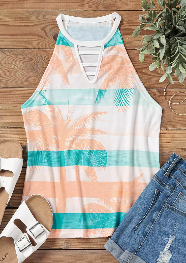 Coconut Tree Striped Color Block Keyhole Neck Tank