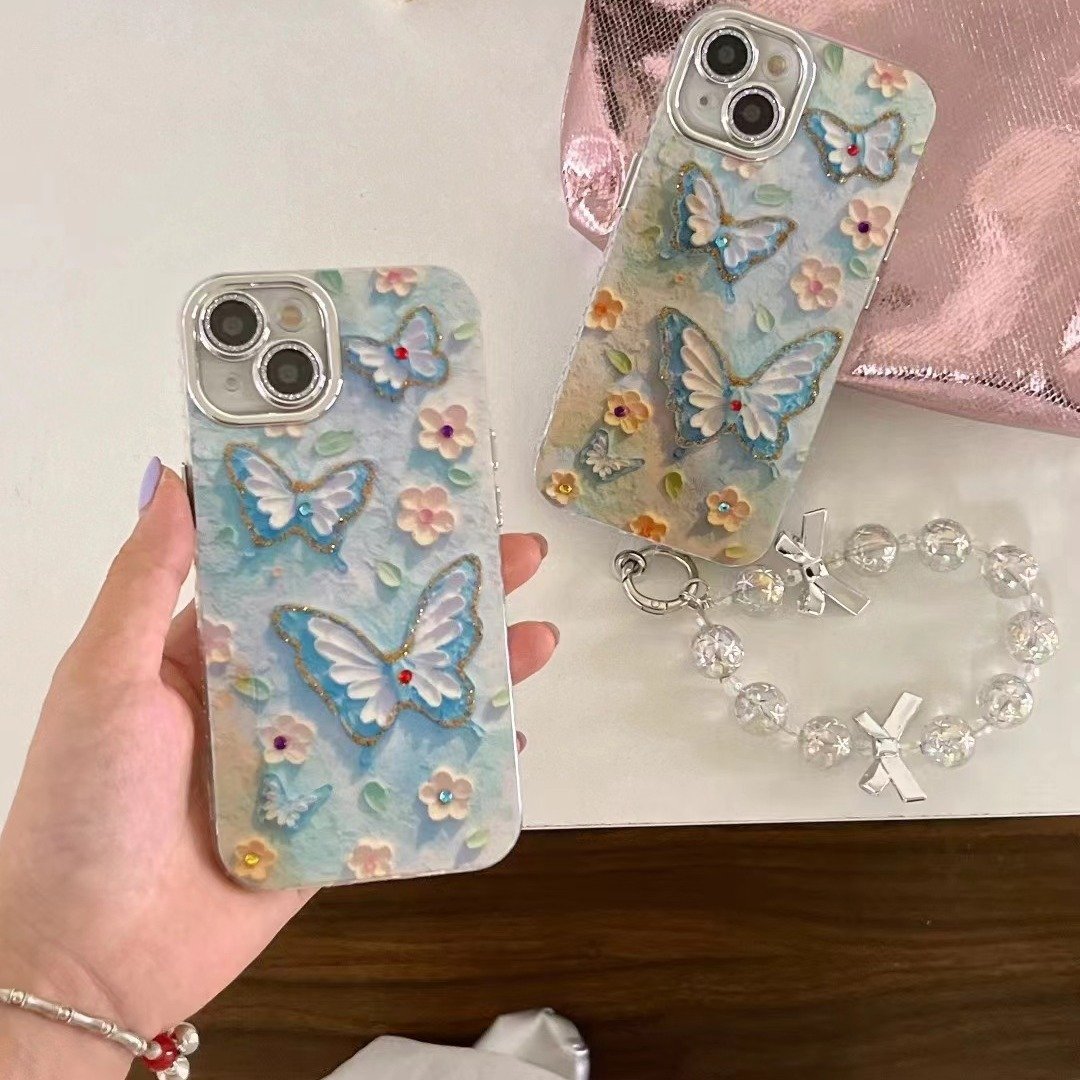 Dots Drill Oil Painting Flower Butterfly Phone Case for iPhone 15