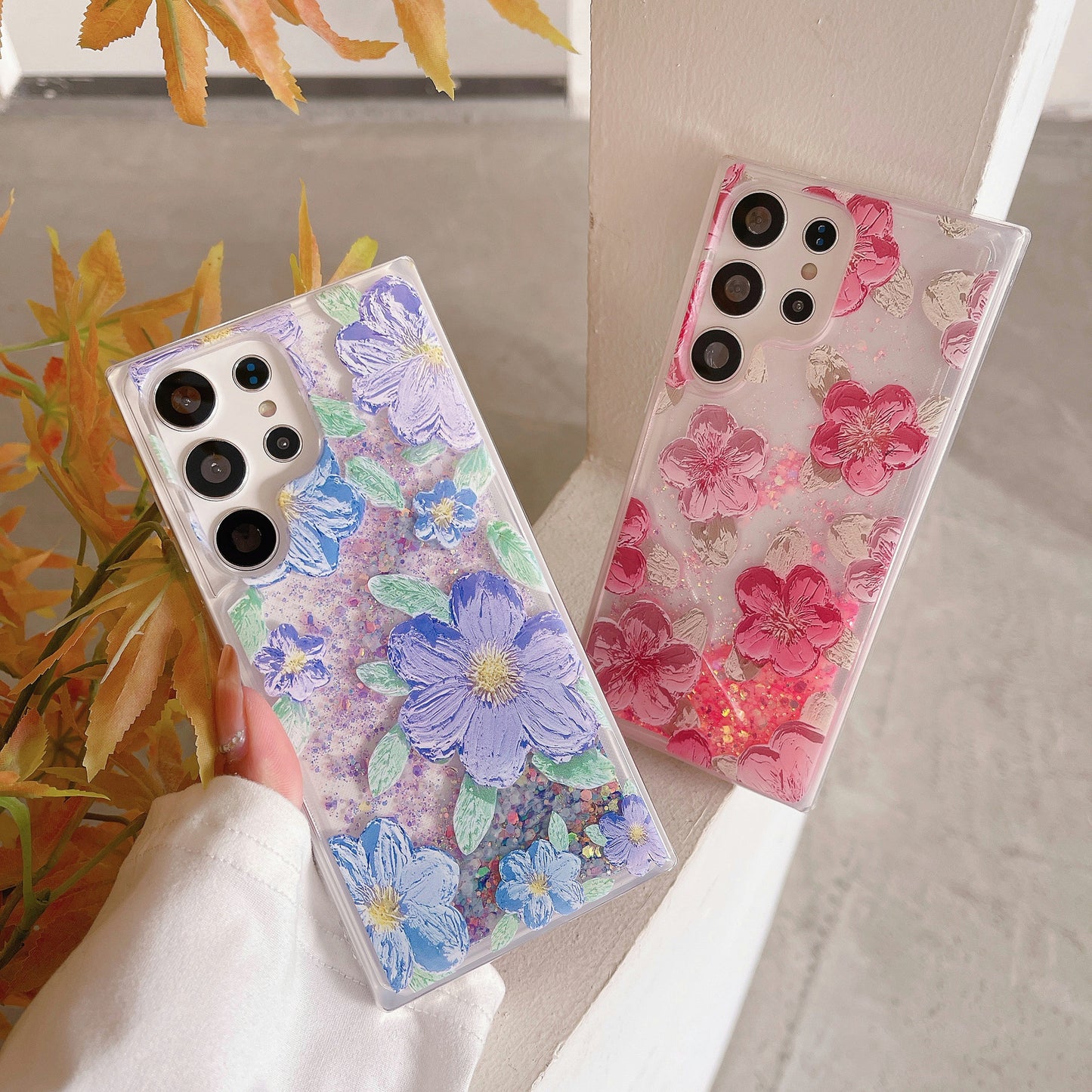 🌈Fluorescent Quicksand Oil Painting Flowers Phone Case For Samsung