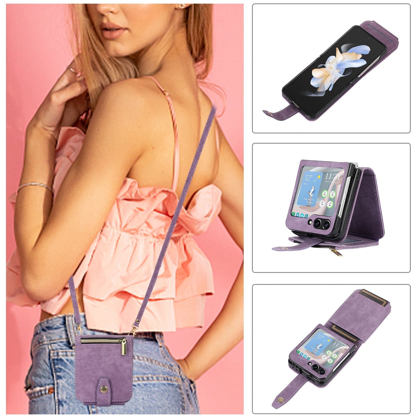 Suitable For Samsung Z FLIP3/4/5 Zipper Card Holder Phone Leather Case