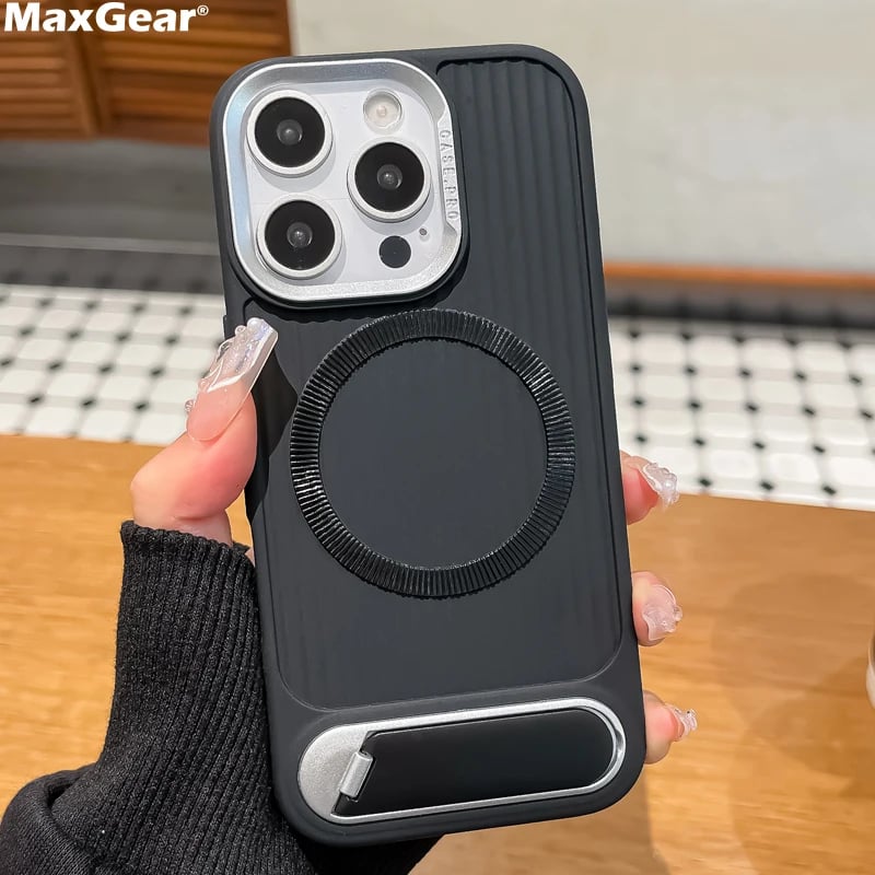 Luxury Stripe With Folding Bracket Plain Phone Case For iPhone