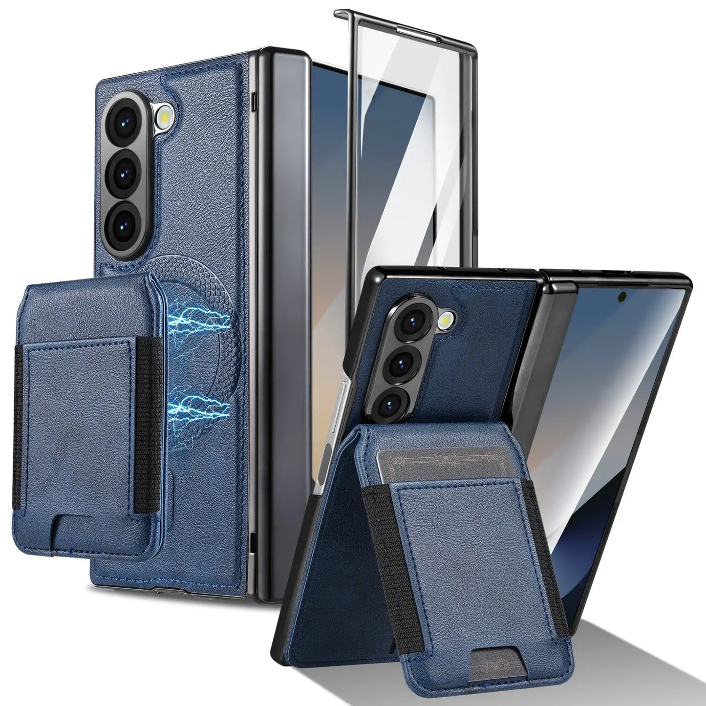 Luxury Leather Magnetic Wallet Case for Galaxy Z Fold7/6/5/4/3 with Hinge Protection and Screen Protector