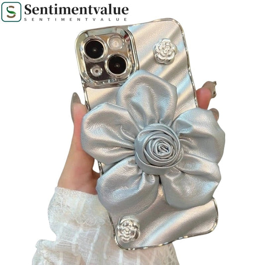 Silver-plated Three-dimensional Leather Rose Flower Mobile Phone Case For iPhone 16 15 14 13 12 Series