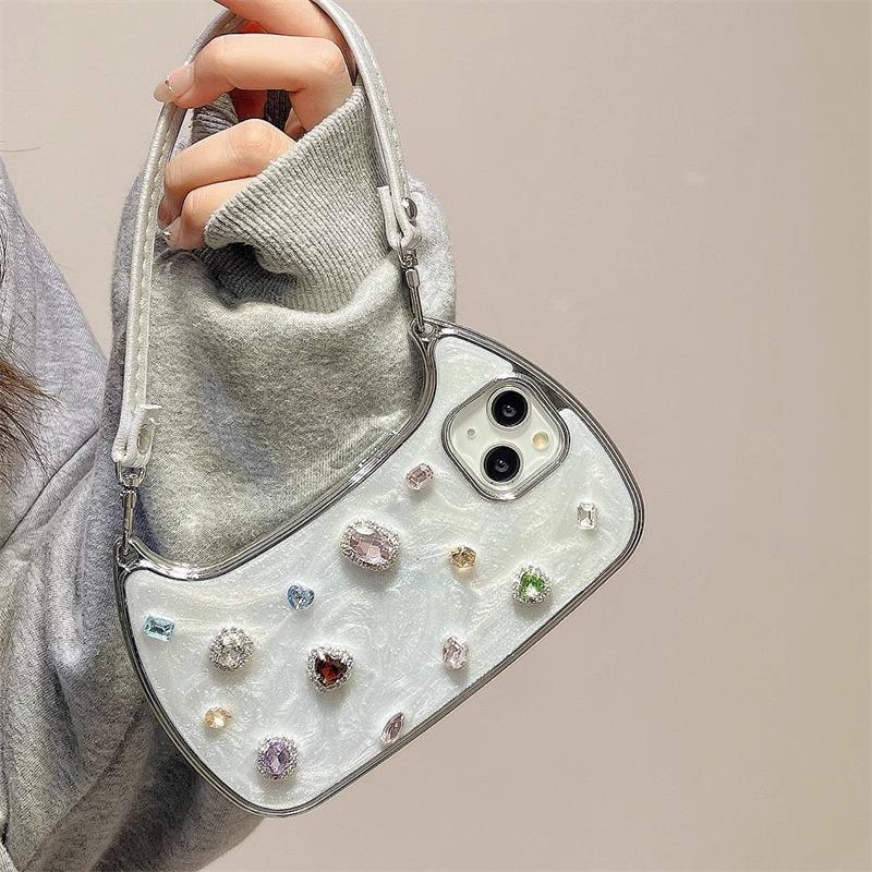 Luxury 3D Gemstone Apple Phone Case Handbag with Strap Drop Protection Cover