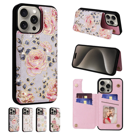 New Flower Print Anti-theft Double Buckle Hot Stamping Leather Case For iPhone