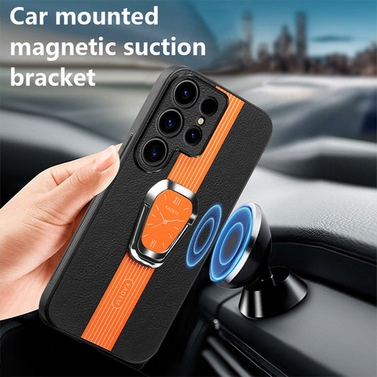 Leather Clock Magsafe Wireless Charging Phone Case With Car magnetic suction And Adjustable Kickstand For Samsung A Series