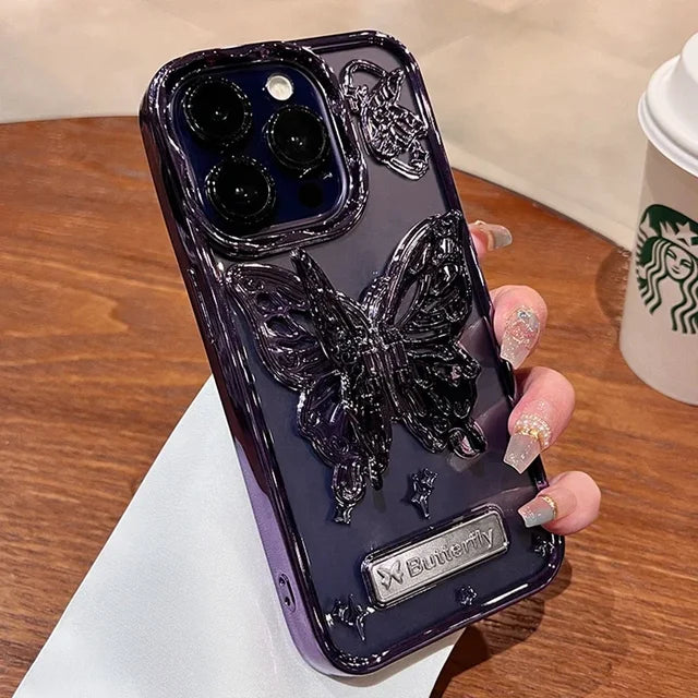 Glitter Butterfly Gradient Stand Case for iPhone 15 15Pro 14 12 13 Pro Max 14Pro Bracket Transparent Plating Soft Silicone Cover