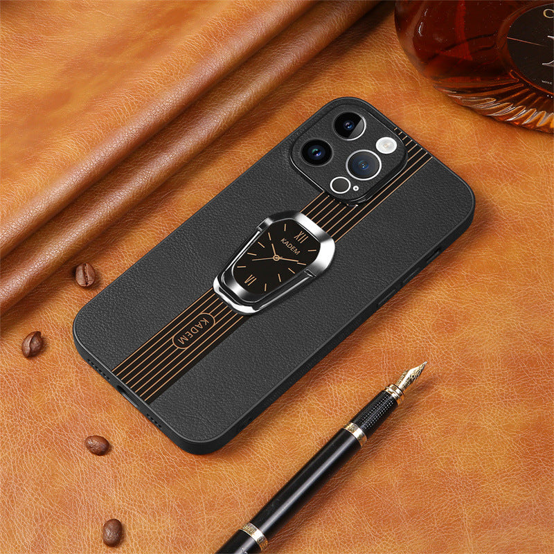 Leather Clock Magsafe Wireless Charging Phone Case With Car magnetic suction And Adjustable Kickstand For IPhone