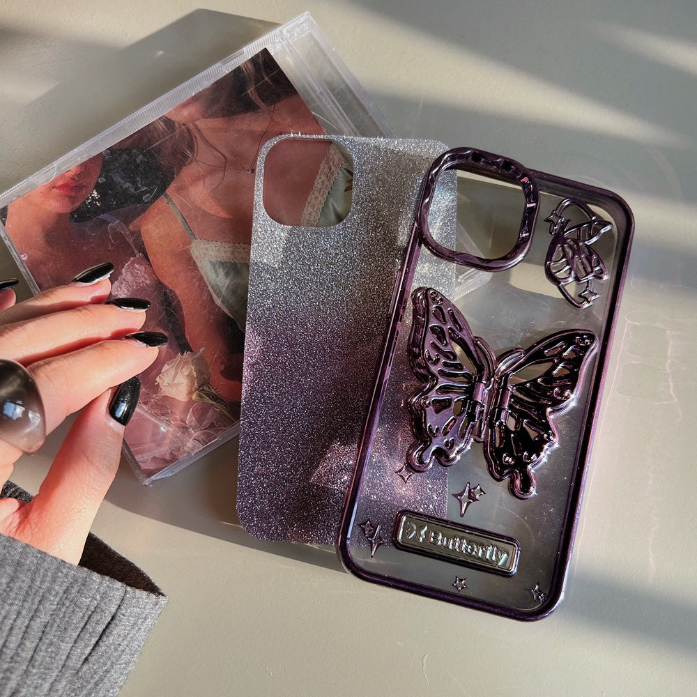 Glitter Butterfly Gradient Stand Case for iPhone 15 15Pro 14 12 13 Pro Max 14Pro Bracket Transparent Plating Soft Silicone Cover