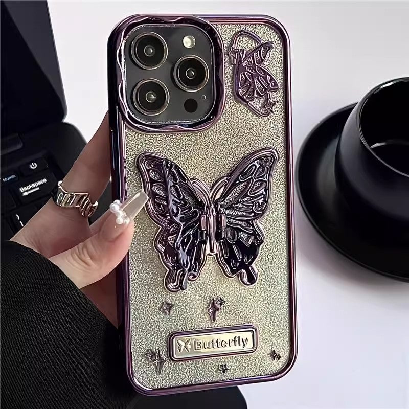 Glitter Butterfly Gradient Stand Case for iPhone 15 15Pro 14 12 13 Pro Max 14Pro Bracket Transparent Plating Soft Silicone Cover