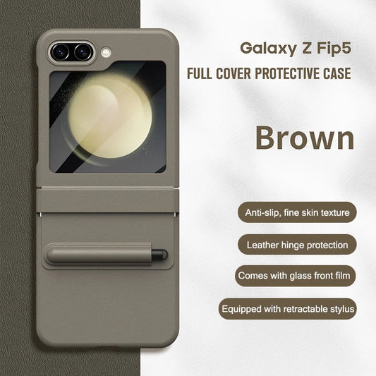 Suitable for Samsung Z Flip5 Solid Color Non-slip Leather All-inclusive Protective Case with Pen and Film