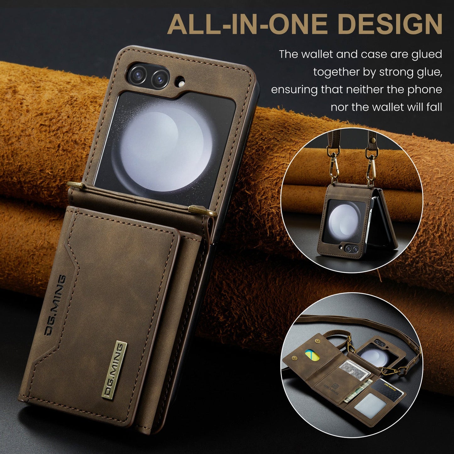 Crossbody Retro Leather Phone Case With 6 Cards Slot,Kickstand,Detachable Lanyard And Hinge For Galaxy Z Flip3/Z Flip4/Z Flip5