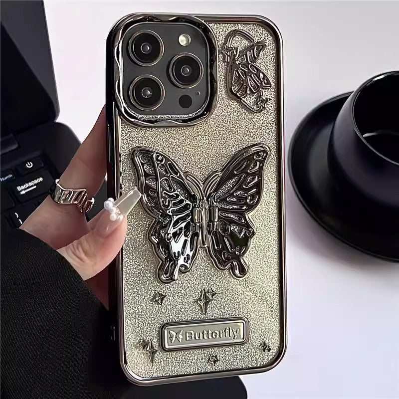 Glitter Butterfly Gradient Stand Case for iPhone 15 15Pro 14 12 13 Pro Max 14Pro Bracket Transparent Plating Soft Silicone Cover