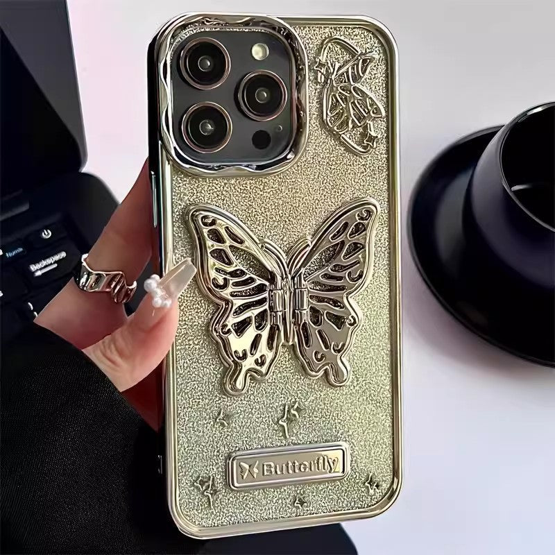 Glitter Butterfly Gradient Stand Case for iPhone 15 15Pro 14 12 13 Pro Max 14Pro Bracket Transparent Plating Soft Silicone Cover