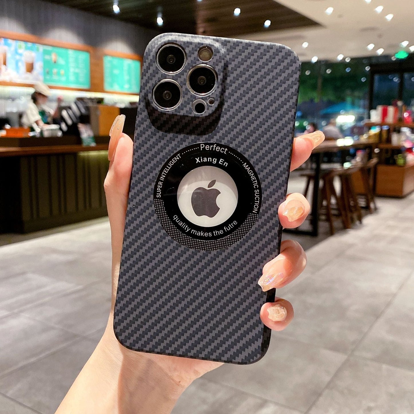 Logo Hole Carbon Fiber Magnetic Wireless iPhone Case