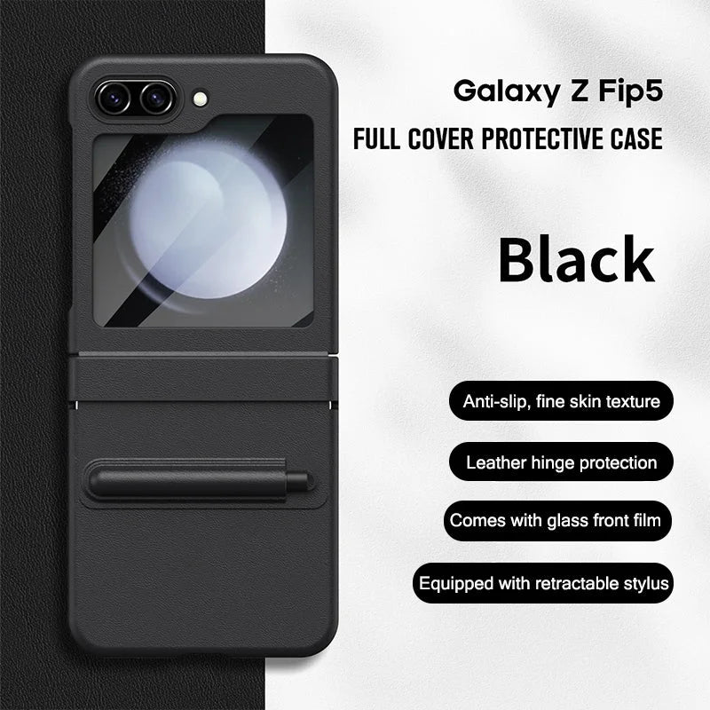 Suitable for Samsung Z Flip5 Solid Color Non-slip Leather All-inclusive Protective Case with Pen and Film