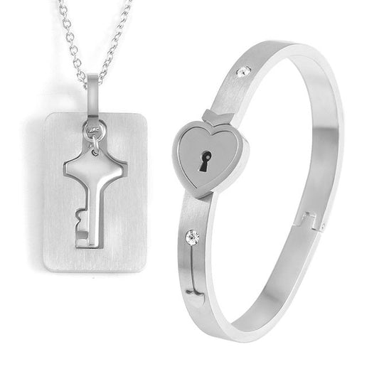 Key to My Heart Couple Key Necklace and Love Lock Bracelet Gift Set