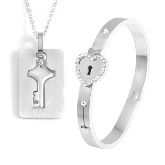 Key to My Heart Couple Key Necklace and Love Lock Bracelet Gift Set